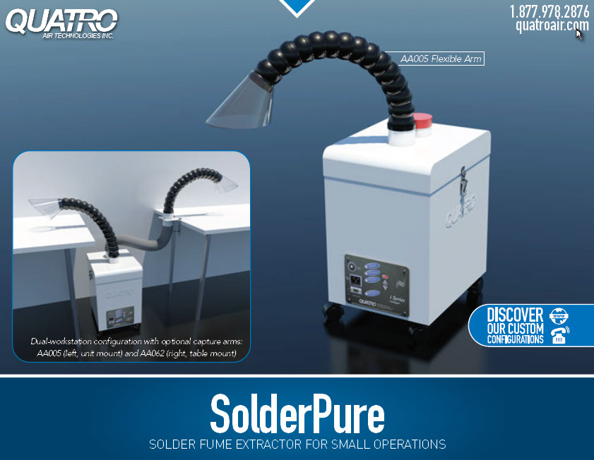 SolderPure fume extractor for soldering applications - smoke, chemical, fumes, odor, particulate removal